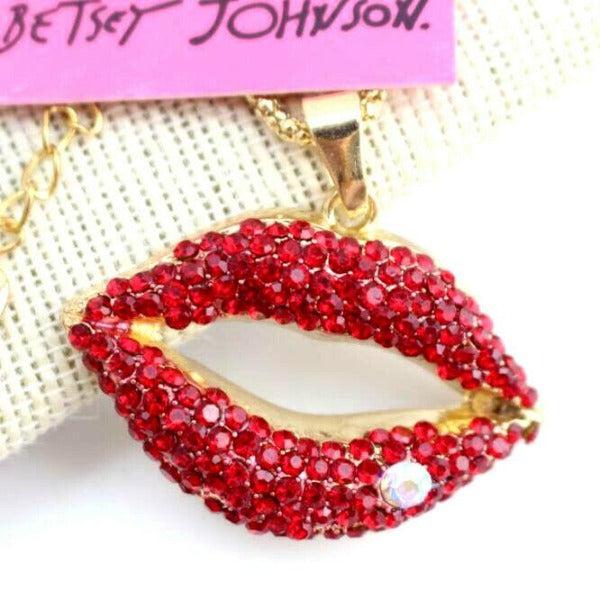 Betsey Johnson Red Rhinestone Lips Gold Necklace-Necklace-SPARKLE ARMAND