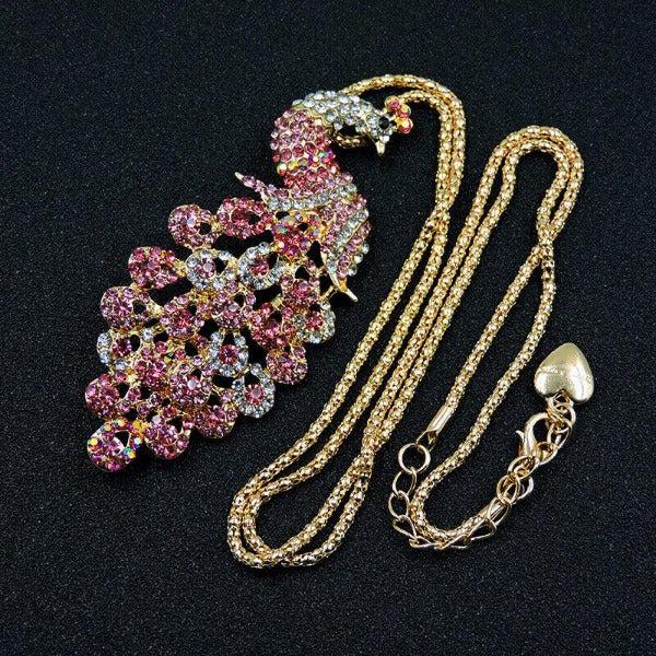 Betsey Johnson Small Peacock Pink Rhinestone Gold Pendant Necklace-Necklace-SPARKLE ARMAND