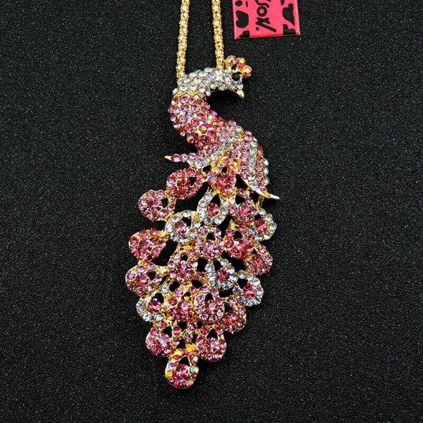Betsey Johnson Small Peacock Pink Rhinestone Gold Pendant Necklace SPARKLE ARMAND