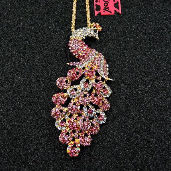 Betsey Johnson Small Peacock Pink Rhinestone Gold Pendant Necklace-Necklace-SPARKLE ARMAND