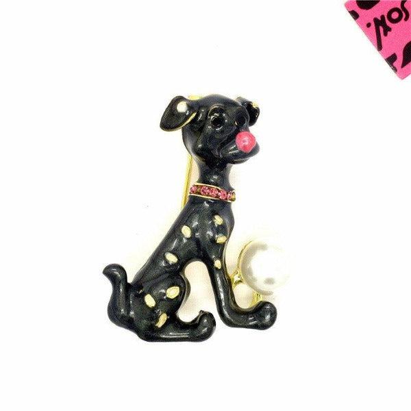 Betsey Johnson Spotted Dog Black Enamel Pearl Ball Brooch Pin-Brooch-SPARKLE ARMAND