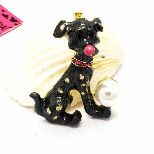 Betsey Johnson Spotted Dog Black Enamel Pearl Ball Brooch Pin-Brooch-SPARKLE ARMAND