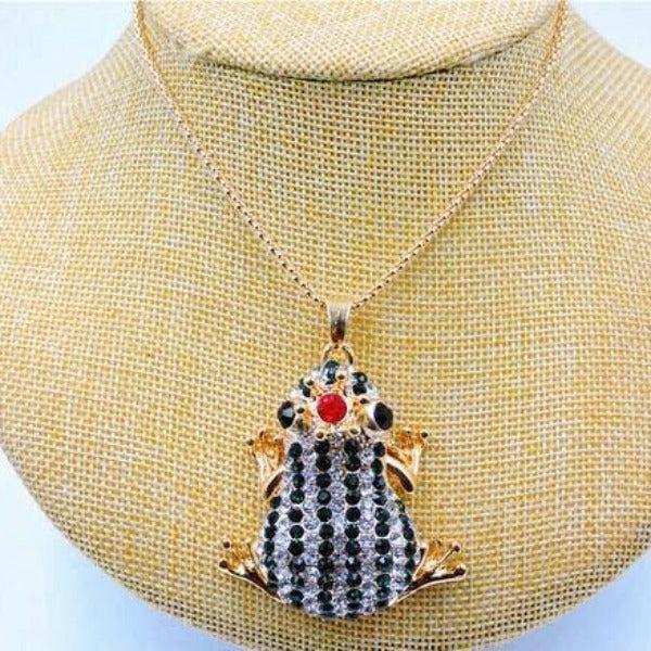 Betsey Johnson Striped Frog Green & Clear Crystal Crowned Pendant Necklace-Necklace-SPARKLE ARMAND
