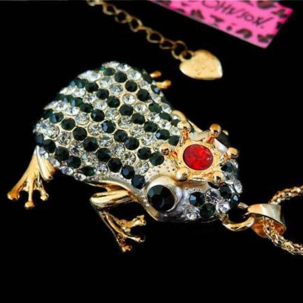 Betsey Johnson Striped Frog Green & Clear Crystal Crowned Pendant Necklace-Necklace-SPARKLE ARMAND