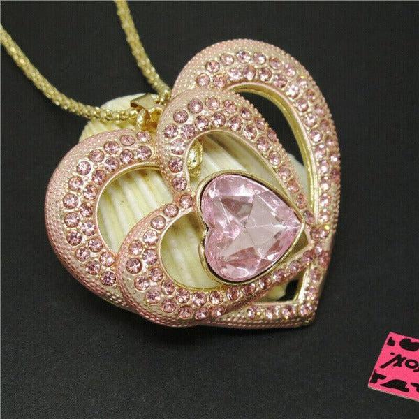 Betsey Johnson Triple Heart Pink Crystals Gold Pendant Necklace-Necklace-SPARKLE ARMAND