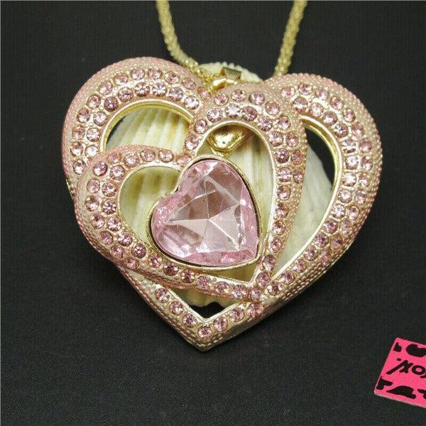 Betsey Johnson Triple Heart Pink Crystals Gold Pendant Necklace-Necklace-SPARKLE ARMAND