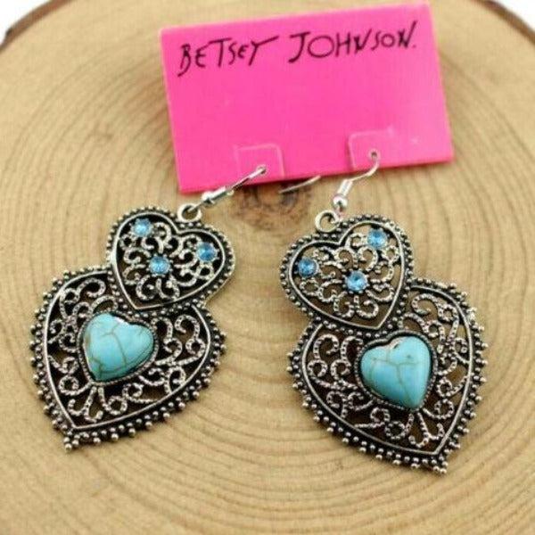 Betsey Johnson Turquoise (faux) Heart Pendant Necklace & Earrings-Necklace-SPARKLE ARMAND