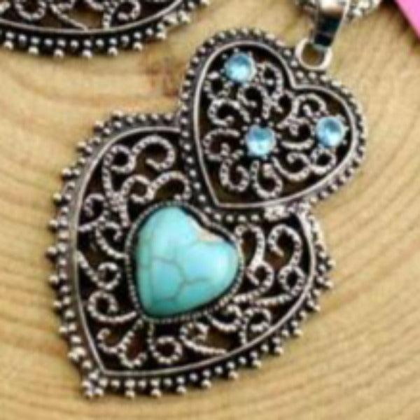 Betsey Johnson Turquoise (faux) Heart Pendant Necklace & Earrings-Necklace-SPARKLE ARMAND