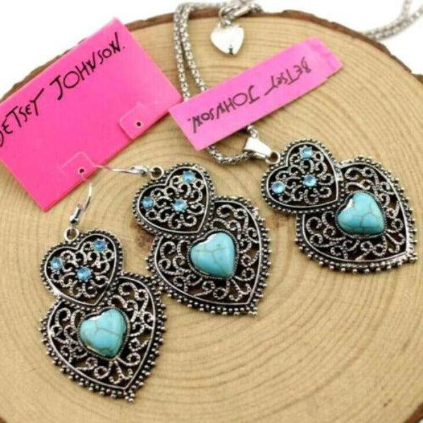Betsey Johnson Turquoise (faux) Heart Pendant Necklace & Earrings-Necklace-SPARKLE ARMAND