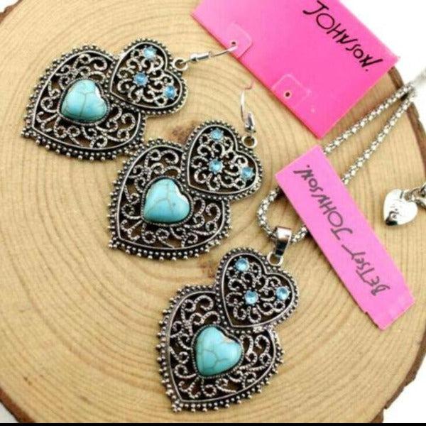 Betsey Johnson Turquoise (faux) Heart Pendant Necklace & Earrings-Necklace-SPARKLE ARMAND
