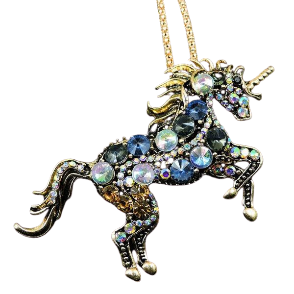 Betsey Johnson Unicorn Horse Stallion Blue Rhinestone Gold Necklace-Necklace-SPARKLE ARMAND