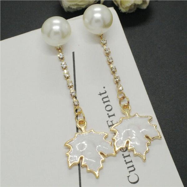 Betsey Johnson White Maple Leaf Faux Pearl Rhinestone Earrings-Earring-SPARKLE ARMAND