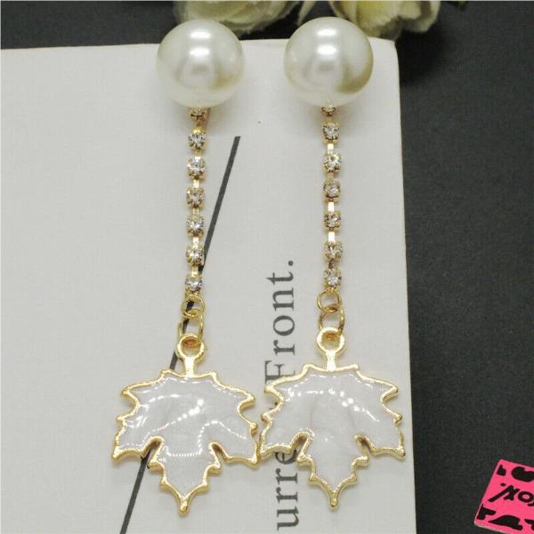 Betsey Johnson White Maple Leaf Faux Pearl Rhinestone Earrings-Earring-SPARKLE ARMAND