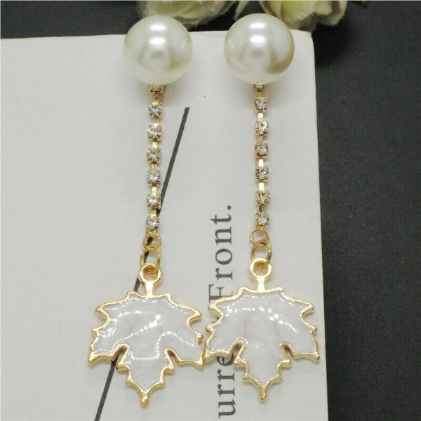 Betsey Johnson White Maple Leaf Faux Pearl Rhinestone Earrings-Earring-SPARKLE ARMAND