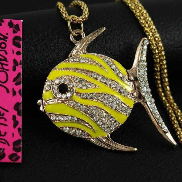 Betsey Johnson Yellow Enamel Fish Rhinestone Pendant Necklace-Necklace-SPARKLE ARMAND