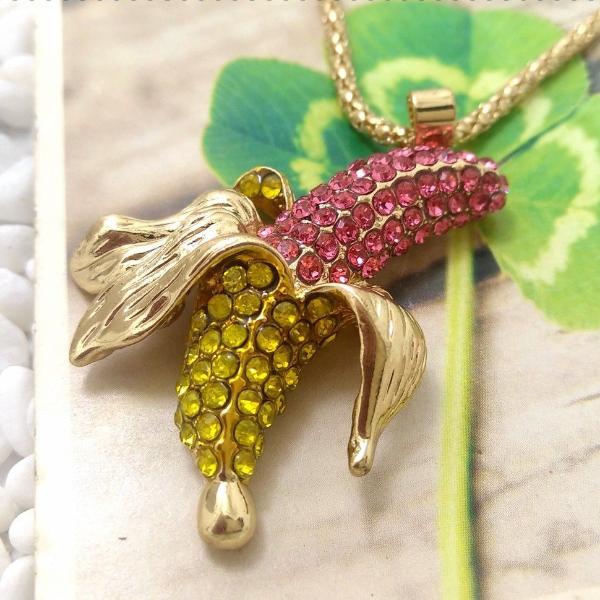 Betsey Jonson Pink & Yellow Banana Inlaid Crystals Necklace-Necklace-SPARKLE ARMAND