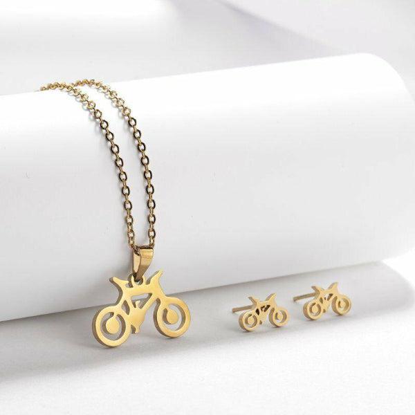 Bicycle Gold Tone Necklace & Earrings Set-Necklace-SPARKLE ARMAND