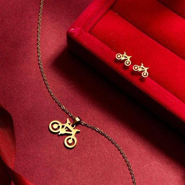 Bicycle Gold Tone Necklace & Earrings Set-Necklace-SPARKLE ARMAND