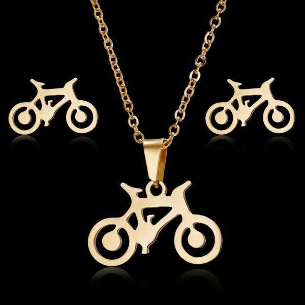 Bicycle Gold Tone Necklace & Earrings Set-Necklace-SPARKLE ARMAND