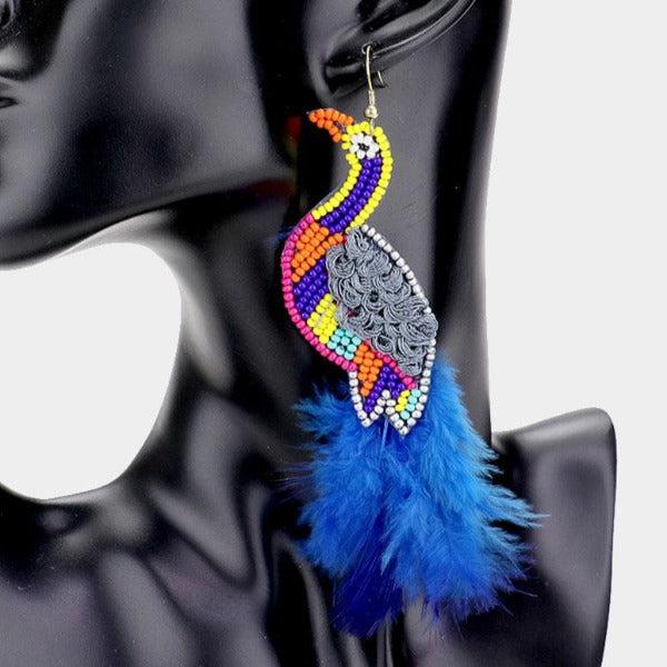 Bird Blue Seed Bead Feather Earrings by Treasure Jewelry