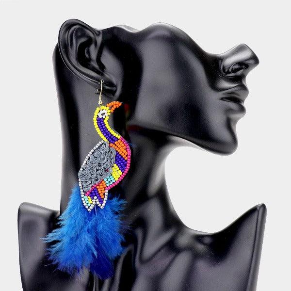 Bird Blue Seed Bead Feather Earrings by Treasure Jewelry