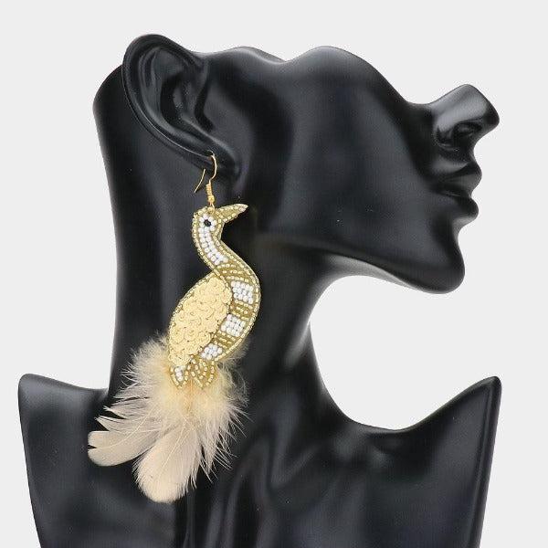 Gold Bird Seed Bead Feather Earrings by Treasure Jewelry