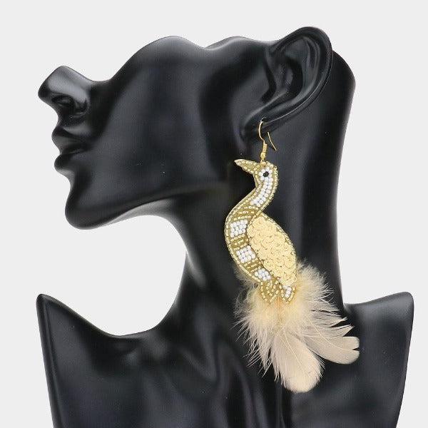 Gold Bird Seed Bead Feather Earrings by Treasure Jewelry