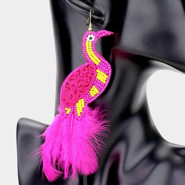 Pink Bird Seed Bead Feather Earrings by Treasure Jewelry