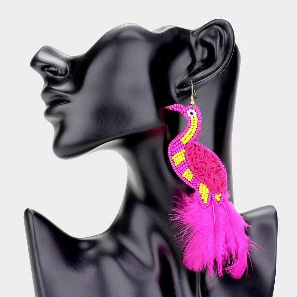 Pink Bird Seed Bead Feather Earrings by Treasure Jewelry