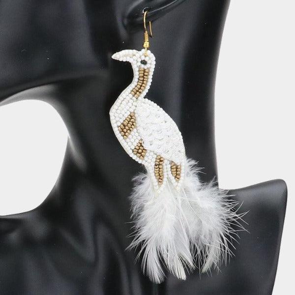 White Bird Seed Bead Feather Earrings by Treasure Jewelry