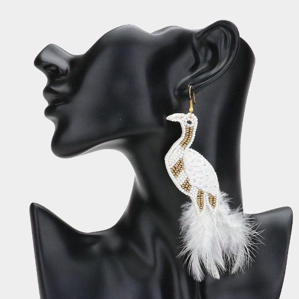 White Bird Seed Bead Feather Earrings by Treasure Jewelry