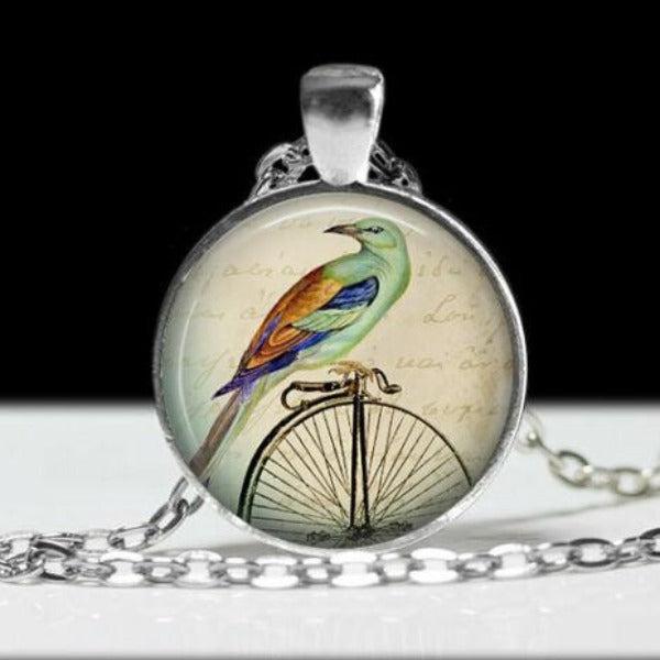 Bird on Bicycle Round Cabochon Glass Silver Tone Necklace-Necklace-SPARKLE ARMAND