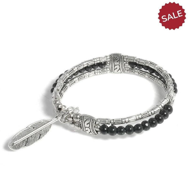 Black Bead Bohemian Feather Silver Bangle Small Bracelet