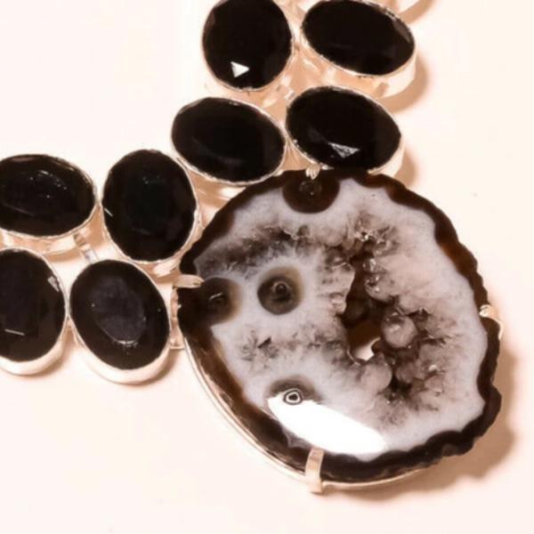 Black Botswana Agate Druzy Black Spinel Handcrafted Necklace 18"-Necklace-SPARKLE ARMAND