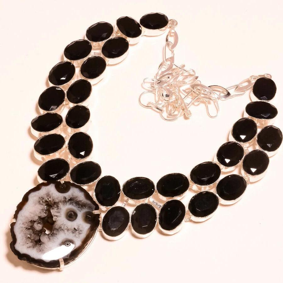 Black Botswana Agate Druzy Black Spinel Handcrafted Necklace 18"-Necklace-SPARKLE ARMAND