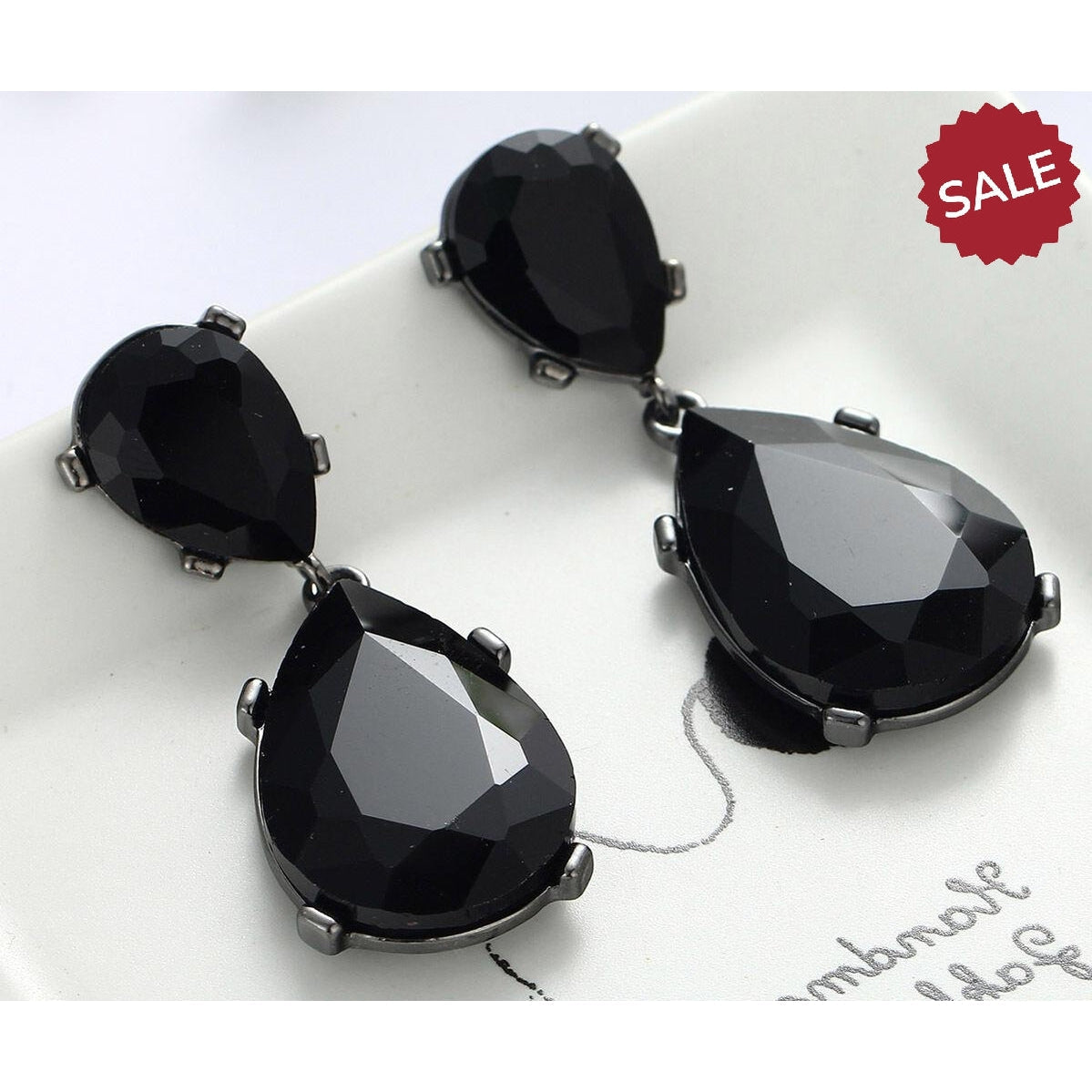 Black Crystal Double Teardrop Evening Earrings