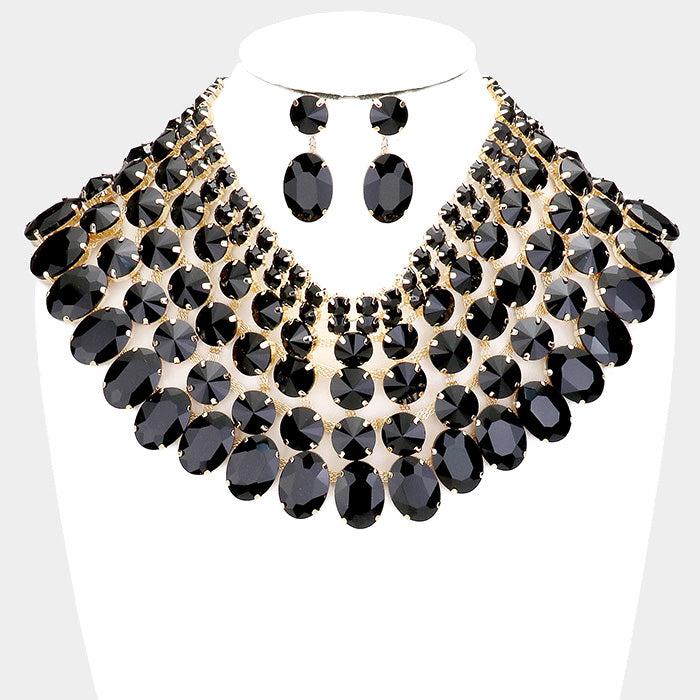 Black Crystal Glass Bib Statement Necklace Set