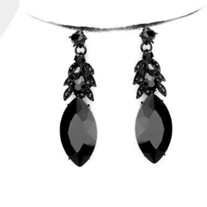 Black Crystal Marquise Vine Leaf Evening Necklace Set Sparkle Armand