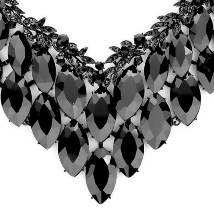 Black Crystal Marquise Vine Leaf Evening Necklace Set Sparkle Armand