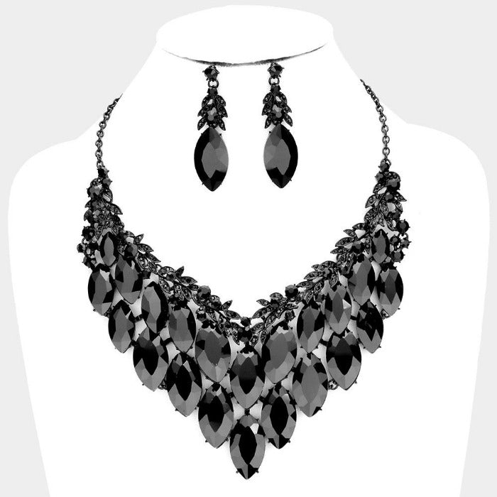 Black Crystal Marquise Vine Leaf Evening Necklace Set Sparkle Armand