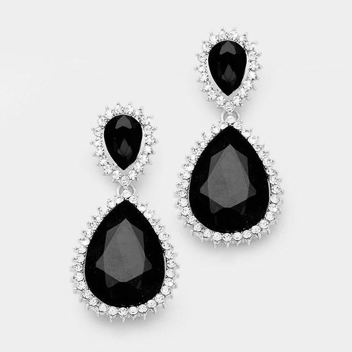 Black Crystal Rhinestone Teardrop Evening Earrings