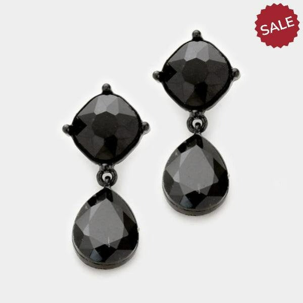 Black Crystal Teardrop Evening Bridal Dangle Pierced Earrings by Miro Crystal Collection