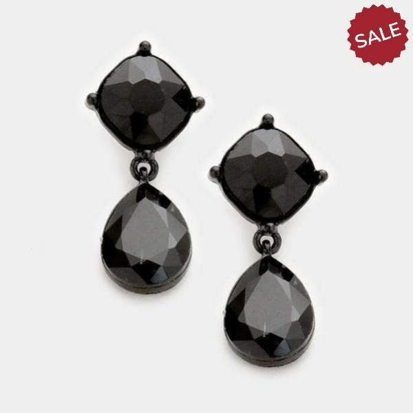 Black Crystal Teardrop Evening Bridal Dangle Pierced Earrings by Miro Crystal Collection