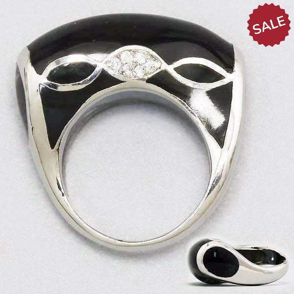 Black Enamel, Silver Tone & Clear Rhinestone Fashion Ring