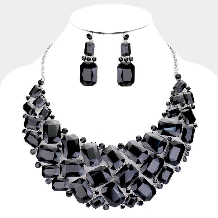 Black Faceted Teardrop Crystal Statement Necklace