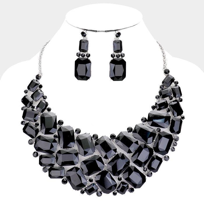 Black Faceted Teardrop Crystal Statement Necklace