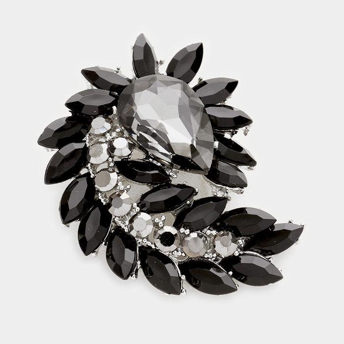 Black Glass Crystal Marquise Cluster Brooch