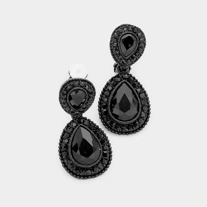 Black Glass Crystal Pave Trim Teardrop Clip on Earrings