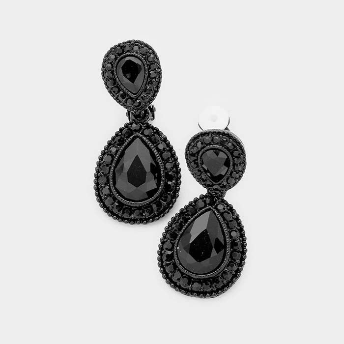 Black Glass Crystal Pave Trim Teardrop Clip on Earrings