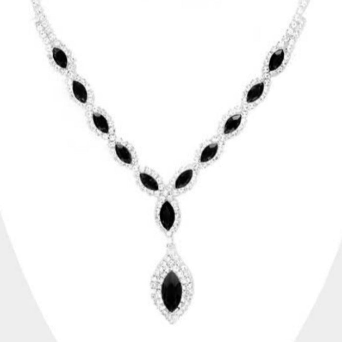 Black Marquise Crystal Rhinestone Drop Silver Necklace Set